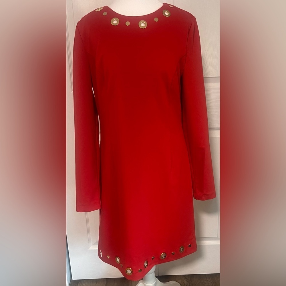 Michael Kors Red Long Sleeved Ponte Dress With Gold Eyelet Accents